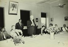 H. E. Theodor Heuss delivering a speech at the lunch table during his visit to IIT Madras, 1960
