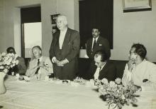 H. E. Theodor Heuss delivering a speech at the lunch table during his visit to IIT Madras, 1960