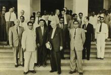 H. E. Theodor Heuss with members of the faculty at the portico of CLRI buildings, 1960