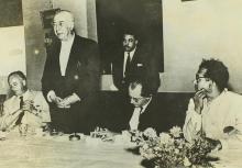H. E. Theodor Heuss delivering a speech at the lunch table during his visit to IIT Madras, 1960