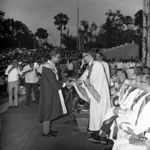 A prize winner receives his award from the chief guest of the eighth convocation, Prof. M. G. K. Menon