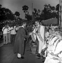 A prize winner receives his award from the chief guest of the eighth convocation, Prof. M. G. K. Menon