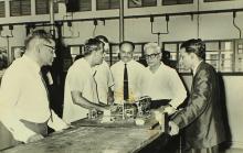 IITM administrators and faculty members discuss laboratory equipment with the chief guest, Dr. S. Bhagavantam