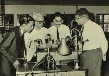 IITM administrators and faculty members discuss laboratory equipment with the chief guest, Dr. S. Bhagavantam