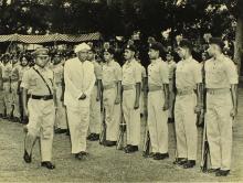 Sir C. V. Raman inspects the guard of honour along with 2/Lt. G. V. N. Rayudu