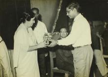Sardarini Sant Sev Ujjal Singh presents a student with a trophy, 1967