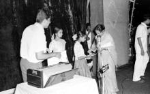 Mrs. Shanti Sengupto gives away a prize to a girl, 1964
