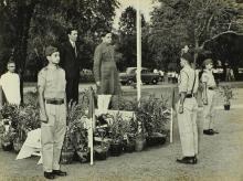 Dr. Vikram A. Sarabhai and Prof. A. Ramachandran being saluted after the hoisting of the flag, 1968