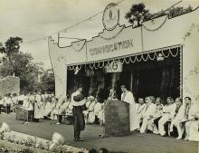 Prof. R. G. Narayanamurthi calling out the students to the stage, and Prof. A. Ramachandran presenting the certificates to the degree holders, 1968