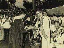 A prize winner receives his award from the chief guest of the eighth convocation, Prof. M. G. K. Menon