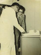 Mr. C. Subramaniam and Prof. H. N. Mahabala, taking a look at the IBM 2741 communication terminal at the inauguration of the Computer Centre, 1973