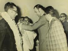 Distinguished guests are greeted with flower garlands during the inauguration of the Computer Centre, 1973