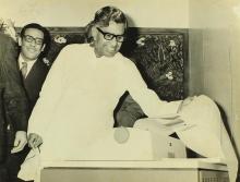 Mr. C. Subramaniam taking a look at the IBM 2741 communication terminal during the inauguration of the Computer Centre, 1973
