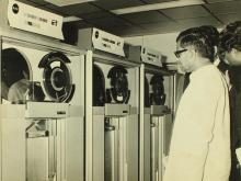 Mr. C. Subramaniam taking a look at the 3420/5 Magnetic Tape Subsystem, 1973