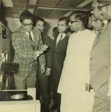 Prof. H. N. Mahabala explaining the finer details of the IBM 3330 Disk Storage Subsystem to Mr. C. Subramaniam, 1973