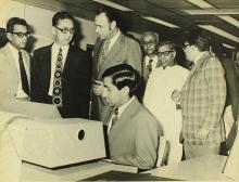 The IBM 3215 console terminal and printer being shown to the distinguished guests during the Computer Centre inauguration, 1973