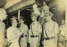 Prof. K. T. Chandy introduces the chief speaker, Mrs. Indira Gandhi to NCC officers