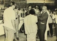 Mrs. Indira Gandhi, the chief guest for the eleventh convocation, is received by Prof. K. T. Chandy and Prof. K. A. V. Pandalai 