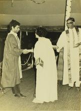 Mr. Gangan Prathap shakes hands with Mrs. Indira Gandhi, the chief guest of the eleventh convocation, before receiving his prize