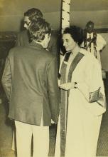 Mrs. Indira Gandhi, chief guest of the eleventh convocation, interacts with students at the ceremony