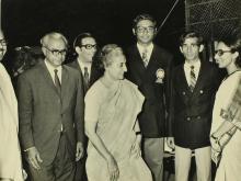 Mrs. Indira Gandhi, the chief guest for the eleventh convocation, is received by Prof. K. T. Chandy  and Prof. K. A. V. Pandalai 