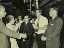Prof. K. T. Chandy introduces Mrs. Indira Gandhi  to the dignitaries upon her arrival at the campus