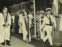 Mrs. Indira Gandhi, chief guest of the eleventh convocation, proceeds to the dais with Prof. K. A. V. Pandalai and Mr. Venkataraman