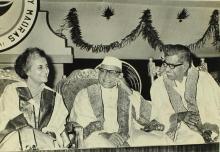 Mrs. Indira Gandhi, Mr. K. K. Sha and Mr. C. Subramaniam share a light moment on the dais at the eleventh convocation