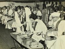 Mrs. Indira Gandhi (Prime Minister of India) signs the autograph book