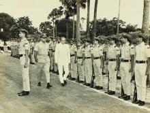 Dr. M. S. Swaminathan inspects a Guard of Honour during the 13th convocation, 1976