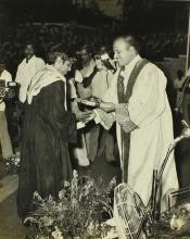 Dr. M. S. Swaminathan gives away a prize to a student during the 13th convocation, 1976 