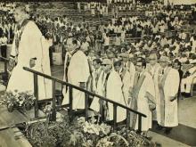 The academic procession climbs the stage, 1975
