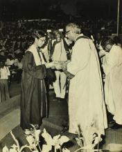 Mr. P. N. Haksar presents a degree to Ms. H. Sudha, 1975