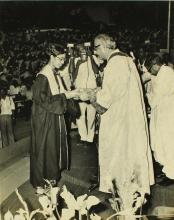 Mr. P. N. Haksar presents a degree to a graduand, 1975
