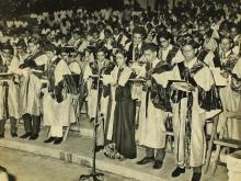 Graduands taking the pledge during the 12th Convocation, 1975