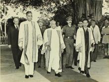 Dr. Y. Nayadumma, Dr. V. V. Giri  and Prof. A. Ramachandran  enter the Open Air Theatre adorned in the convocation robes 