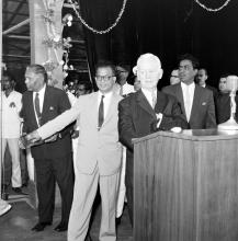 Dr. Heinrich Luebke (President, FRG), Prof. B. Sengupto, Mr. R. natarajan, Mr. Y.S. Ramaswamy, Prof. N. Klein, Mr. Rajagopalan (Deputy Registrar), Mr. Venkat Raman (CSO) at the Stone laying ceremony
