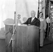 Dr. Heinrich Luebke (President FRG) addressing the audience. Prof. B. Sengupto is seen standing at Stone laying ceremony.