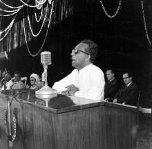 Prof. Humayun Kabir (Union Minister for Scientific research and Cultural affairs) addressing the audience. On the dais Prof. B. Sengupto (Director), Mr Kamaraj (Chief minister, Tamilnadu)