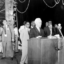 Heinrich Luebke (President, FRG) addressing the audience. Prof. B. Sengupto, Mr. Y.S. Ramaswamy, Mr. R. Natarajan and Mr Rajagopalan are seen at the Stone laying ceremony.