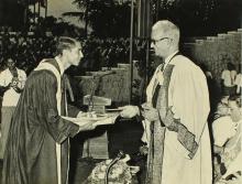 Dr. Malcolm S. Adiseshiah presents a degree to a graduand, 1972