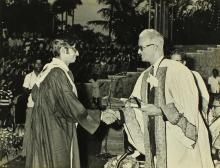 Dr. Malcolm S. Adiseshiah presents a degree to a graduand, 1972
