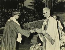 Dr. Malcolm S. Adiseshiah presents a degree to a graduand, 1972