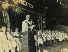 Dr. Malcolm Adiseshiah addresses the audience during the Ninth Convocation, 1972