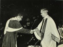 Mr. M. S. Pathak shakes hands with a graduand during the 10th Convocation, 1973