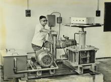 Prof. B. V. A. Rao (Applied Mechanics Department) operates a hydraulic vibration machine