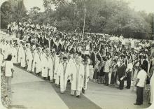 The academic procession enters the Open Air Theatre during the 18th Convocation, 1981
