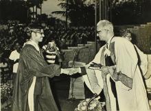 Dr. Malcom S. Adiseshiah (Former Director-General of the UNESCO) gives away a degree at the 9th Convocation ceremony that was held on 26th August, 1972