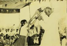Dr. Rajah Sir Muthiah Chettiar is honoured with a garland at the inauguration of the Central School, 1965