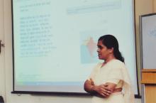 A speaker addresses a gathering at the 4th Hindi Workshop, 2006